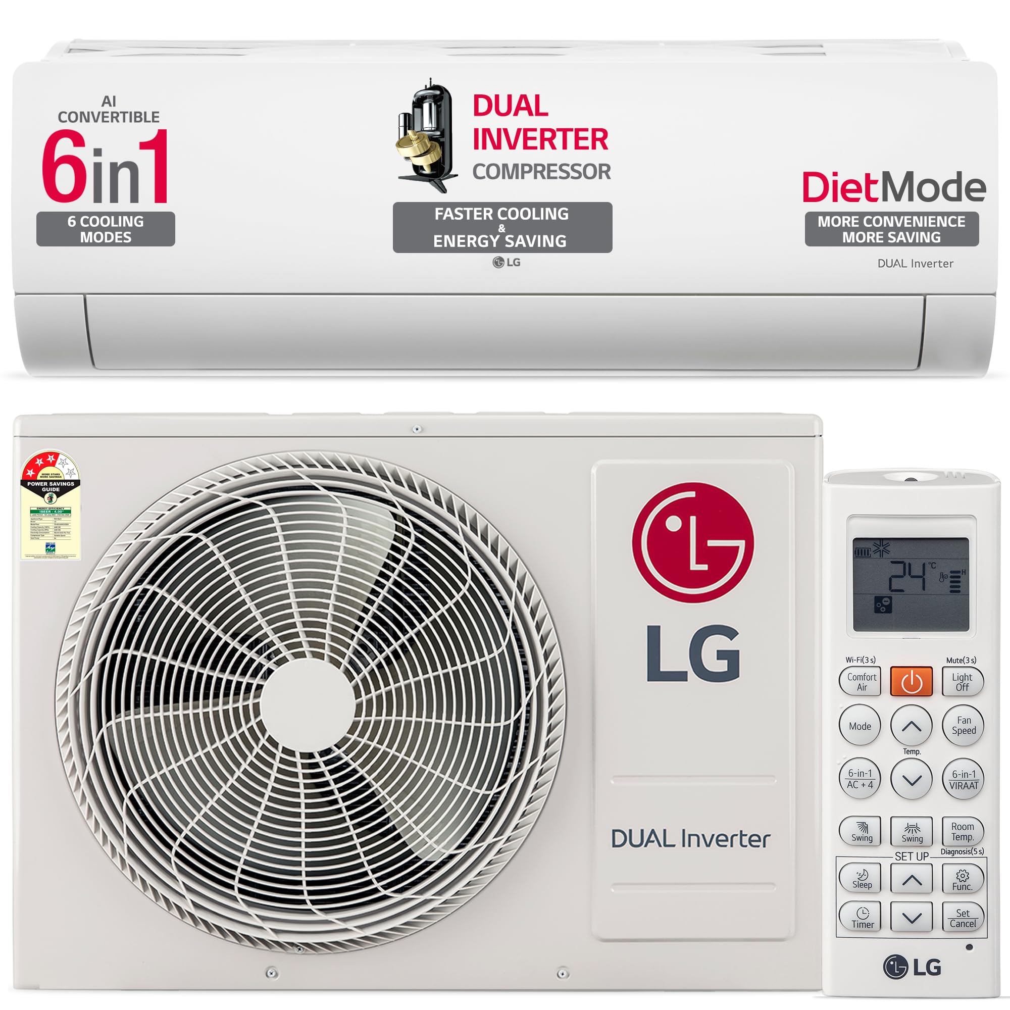 LG 1.5 Ton 3 Star DUAL Inverter Split AC (Copper, AI Convertible 6-in-1 Cooling, 2 Way Swing, HD Filter with Anti-Virus Prote