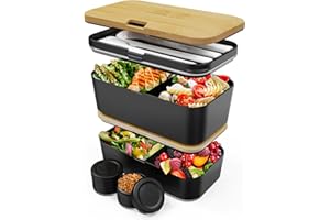 Umami Bento Lunch Box, Couverts & 2 Pots à Sauce Inclus, Boîte Repas Encastrable, Lunchbox Micro-Ondable Boîte à Lunch Adulte Compartimentée, Bento Box Noir Onyx & Beige, 1500 ml