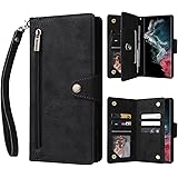 ATISIJIE Case Flip for Samsung Galaxy S23 Ultra Cell Phone Case with Card Slots Zip Wallet Carry Strap Leather Cover Case Mag