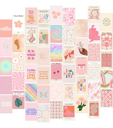 Kit Collage Mural 50 Pièces Bohème Vert Rose - Cartes Postales Esthétiques + Autocollants Pour Décoration Dortoir Et Chambre