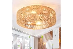 Deckenventilator Mit Beleuchtung Und Fernbedienung E27 Retro Hanfseil Deckenlampe Mit Ventilator Leise 6-Gang Reversibler Motor Lampe Mit Ventilator Für Wohnzimmer Schlafzimmer Esszimmer Licht,50cm