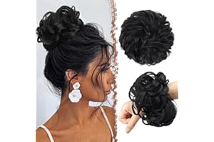 FESHFEN Messy Bun Hair Piece Hairs Scrunchies Thick Curly Wavy Pony Tail Synthetic Accessories Donut Updo Hairpieces for Women Girls 55g, Jet Black
