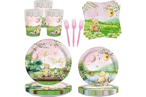 AURORAPARTY 120pcs Winnie Bear Baby Shower Decorations Pooh Plates Girls Birthday Party Supplies Vintage Bear Cups Baby Newborn Pink Disposable Paper Tableware Set for 24 Guests