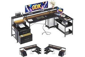 ODK Scrivania con Cassetti, 189.3×100cm Grande Scrivania Angolare Reversibile con 2 Porte di Ricarica USB e 2 Prese di Corrente, Scrivania Gaming con LED, Scrivania ad L per Casa Ufficio, Nero