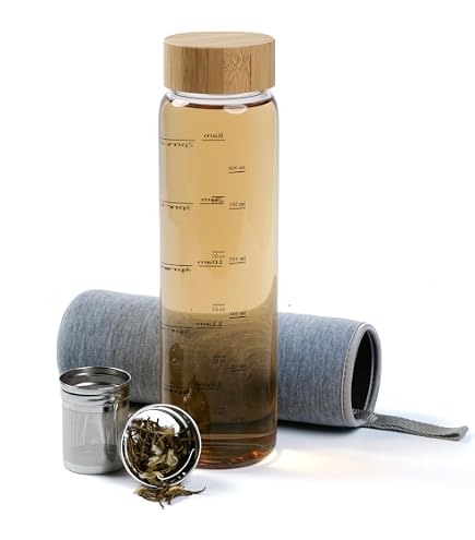 Bouteille De Thé En Verre Navaris 500ml - Infuseur Inox - Housse Néoprène - Bambou - Pour Thé, Eau Fruitée