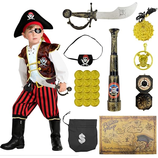 Tacobear Piratenkostüm Kinder Jungen mit Piraten Zubehör Set Piraten Hut Augenklappe Kompass Geldbeutel Ohrring Pirat Kapitän Karneval Kostüm für Kinder Jungen 4 5 6 7 8 9 10 Ans (M, 127-139