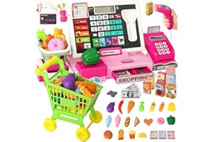 QIQUBOX Caja Registradora Juguete Niños Juego de Imitación Supermercado con Escáner y Sonidos, la Compra, Calculadora Regalo Educativo para Niños y Niñas de 3, 4, 5, 6 Años (Rosa)