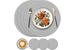 KERYCHIN 4 Round Silicone Placemats(34cm) and 4 Coasters(10cm) Set, Heat-Resistant 450 °F Place Mats, Non-Slip and Washable, Table Mats for Restaurant Indoor, Outdoor Glass Dining Table, Light Grey