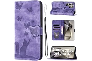 LSPCASA Phone Case For Samsung Galaxy S24 Ultra PU Leather Material Samsung Galaxy S24 Ultra Case With Card Slots Cat Butterfly Pattern Purple