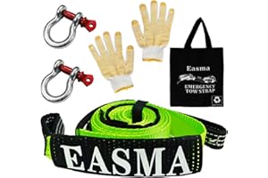 EASMA Tow Rope 5M x 5cm, Heavy Duty Recovery Towing Strap 10 Ton (22,000 Lbs) Towing Strap with 2 D Ring Reinforced Shackles for Car, Truck, Off-Road, SUV, UTV, ATV Emergency Car Kit Accessories (Green)