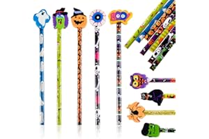 Tenare 18 Stück Halloween Bleistift mit Radiergummi Cartoon Holzbleistift Set Kürbis Fledermaus Geist Radierer Bleistift Zeichnen Bleistifte Partytüten Füller für Kinder, Sortiert Designs
