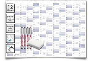 XXL Jahresplaner 2027 abwischbar – Wandkalender DIN B0 (140 x 100 cm) gerollt – inkl. 4 Stifte & Schwamm – Deutsch – großer Wandplaner Büro privat – von Gigatime