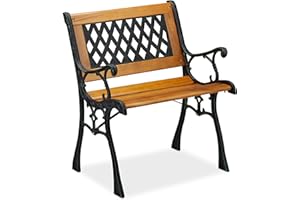 Relaxdays Garden Chair with Armrest, Loadable, Low, Vintage Design, Wood & Cast Iron, 73 x 62 x 52,5 cm, Natural/Black