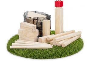 Relaxdays Wikinger Wurfspiel aus Kiefernholz, Natur Kubb Wikingerspiel, roter König, groß, Gartenspielzeug mit Tasche