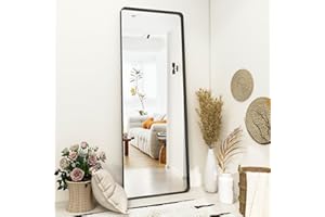 Koonmi Tiefer Rahmen Standspiegel 163 x 53 cm, Luxus runde Ecken Bodenspiegel mit robustem Nanoglas, an der Wand montierter Ganzkörperspiegel horizontal oder vertikal gehängt, Schwarz