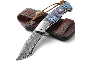 DRACHENADER Couteau Pliant Damas, Grand Couteau de Poche en Acier Damas, Manche en Coquille d’Ormeau, Étui en Cuir Véritable, Idéal comme Cadeau