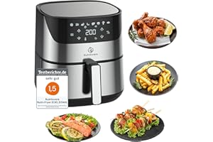 ‎NUTRILOVERS NUTRI-FRYER Heissluftfritteuse XXL Edelstahl DEUTSCHE MARKE Heißluft Fritteuse XXL Set 2000W TESTSIEGER Airfryer 5L Groß | Pommes Fritteuse ohne Fett & Öl | Pizzablech + Barrel + Rezeptbuch