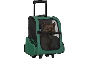 PawHut Trasportino Zaino 2 in 1 per Cani e Gatti con Tasche Laterali, Maniglia Telescopica e Ruote, 42x25x55cm, Verde