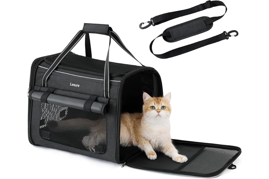 Lesure Foldable Cat Carrier for Travel - Stable Soft Sided Pet Transport Carrier Bag with Breathable Mesh, Car Safety Belt, Shoulder Strap & Removable Mat for Cats & Kittens, 43.5x29.5x34cm, Black