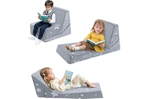 ‎MEMORECOOL MeMoreCool Kindersofa Ausziehbares Schlafsessel, Sitzsack für Kinderzimmer, Lounge Stuhl Faltbarer Boden Lounger, 3-in-1 Klappstuhl für Kinder, Liegestuhl für Kleinkinder 1-3 Jahre, Grau Stern