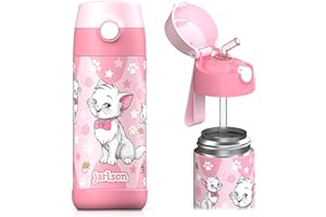 JARLSON® Borraccia Bambini Acciaio Inox, Bottiglia Termica, Senza BPA, Bottiglia Acqua con Cannuccia, Termos 350 ml (Gatto 2)