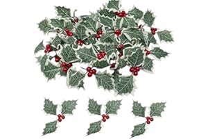 SAIIURV 36 Piezas Bayas de Acebo con Hojas, Flores de Bayas Rojas de Navidad Hojas de Acebo Artificiales Holly Berry para Decoracion de Caja Arreglos de Guirnaldas (Verde)