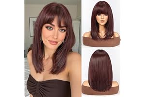 WOKESTAR Staright Wig with Fringe Synthetic Mid-length Layered Wigs for Women Wine Red Color