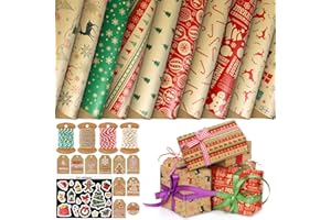 Coicok Ensemble papier cadeau noël, 10 Feuilles papier cadeau, Cadeau noël, Rangement papier cadeau, Rouleau papier cadeau noël, Papier noel(70X50cm)