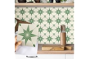 Fantasnight Tile Stickers Green, Stars Stick on Tiles Matt 15x15cm 12Pcs, Vinyl Self Adhesive Wall, Waterproof Peel and Stick for Bathroom, Removable Backsplash for Kitchen