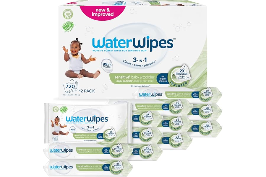 WaterWipes Sensitive+ Baby & Toddler Wipes, Toallitas Para Bebés y Niños Pequeños, 720 unidades (paquete de 12), 3 en 1 Limpi