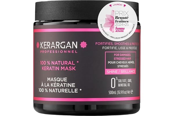 Kerargan - Masque Capillaire Ultra Réparateur à la Kératine 500ml pour Cheveux Abîmés et Stressés - Fortifie, lisse et protège - Sans Sulfate, OGM, Huile Minérale | Répare intensément les cheveux abîmés ou stressés, aide à fortifier, lisser et protéger la fibre