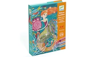 DJECO Glitzersand Bastelset Meerjungfrauen, Kreativset für Kinder ab 6 Jahren, 4 Bilder mit Glitzer, Bastelpackung mit Pinsel & Sand, Mädchen DIY Bastelspaß