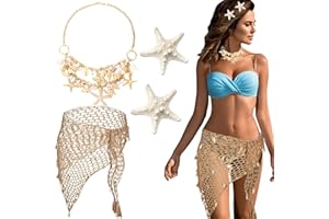 CYUXING 4 accesorios de sirena para playa de verano, traje de baño de sirena para mujer, incluye falda de crochet para playa, collar de conchas y pinzas para el pelo, ideal para fiestas temáticas y vacacione