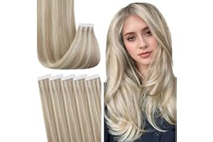 ‎FSHINE Fshine Tape in Haar Echthaar 50g 45cm Extensions Aschblond Highlight mit Bleichblond Haar Adhesive Human Hair 20 Stücke Echthaar Unsichtbar Extensions Gerade Haarverlängerung in der Farbe 18P613
