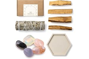 BESOULS Edición Premium Ritual de Nuevos Comienzos 4 Palo Santo para Quemar 1 Salvia Blanca para Quemar 5 Piedras Energéticas Bandeja Hecha a Mano QR Guía Digital Palo Santo Limpieza Energética Sage