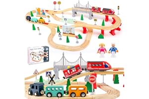 Hoyiyobi 72 Pcs Ensemble de Train en Bois,Train en Enfant avec Rails en Bois Railway Jouet Circuit Enfant pour 3 4 5 6 7 Ans avec Accessoires Ferme Voitures Tracteur Pont Arbres Panneauneau