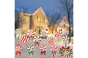 JOLCEEY 13pcs Christmas Candy Yard Signs with Light, Plastic Xmas Candy Lawn Signs with Stakes for Christmas Outdoor Lawn Garden Decorations