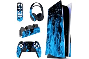 PlayVital Skin für ps5 Konsole Regular Edition,Aufkleber Vinyl-Skin Stickers Schutzfolie Folie für PS5 Konsole,Controller,Ladestation, Headset,Medienfernbedienung-Blaue Flamme