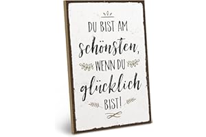 ARTFAVES® Holzschild mit Spruch - GLÜCKLICH BIST DU AM SCHÖNSTEN | Shabby Chic Vintage Schild | Deko Geschenk zum Thema Glücklichsein, Achtsamkeit | Größe: 19 x 28 cm