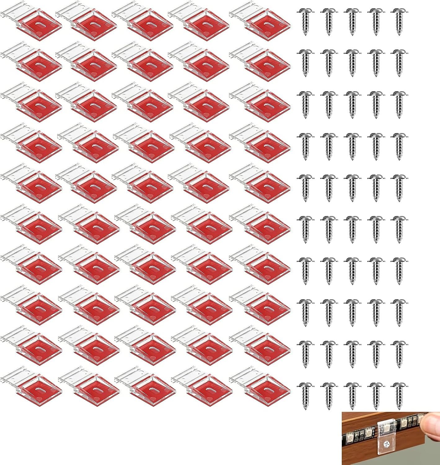 50 Piezas Clips para Tiras de LED, Clips Transparentes para Tiras de Luz 10 mm, Soporte con Tornillos Autoadhesivos para LED Luces IP30/IP65 en Pared, Muebles, Techo, TV, Coche y Decoración Interior