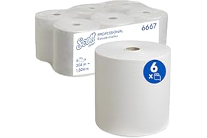 Scott Essuie-Mains Roulés 6667, 1 Épaisseur, Blanc, Ultra Absorbants, Certifiés Contact Alimentaire, Idéal pour Zones Sanitaires à Forte Fréquentation, 6 Rouleaux x 304 m (1 824 m au Total)