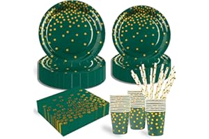 HFBOBP 125 Stück Dunkelgrün Gold Kindergeburtstag Party Deko Zubehör Set, ​Papier Geschirrset einschließlich Pappteller Tasse Strohhalm und Servietten für Hochzeiten Deko Jubiläums