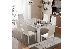 GENERIC Dining Table and Chairs Set 6, Dining Room Sets High Back Faux Leather Chair, for Kitchen Home Office, 138 x 90 x 75 cm, Grey Table White Chairs