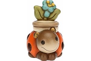 THUN - Soprammobile Coccinella Portafortuna con Fiore Azzurro in Ceramica Decorata a Mano, Linea Fiori e Fantasia, 9.8x7.6x11.5 cm h