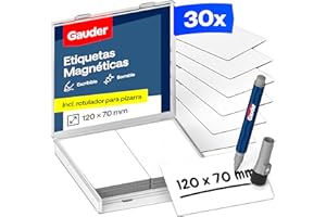 GAUDER Etiquetas Magnéticas Reutilizables - Imanes para Escribir para Pizarra Blanca, Tablero Kanban, Nevera y más - Tarjetas Magnéticas con Rotulador (30 Unidades - 120 x 70 mm)