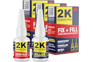 2K ultimate glue FIX + FILL Kleber extra stark für Kunststoff Gummi Stein Keramik Sekundenkleber/Superkleber - Kunststoff Reparaturset Super glue 2 komponenten Kleber Industriekleber (3 Sets)