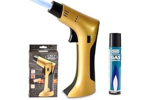 TOM Flambierbrenner Set MIT Gas befüllt + 1 x Butangas Kartusche – Profi Gasbrenner mit Sicherheitsschloss für Küche, Haushalt, Camping & Werkstatt – nachfüllbar – in zwei Farben – Jetflame (Gold)