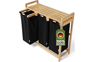 AMBIAVO® Wäschekorb 3 Fächer [schwarz, 100% Baumwolle, Bambus, 90 l Volumen] | Wäschesammler für Schmutzwäsche| Wäsche Sortiersystem | Wäschesortierer Holz | Wäschebox | laundry baskets