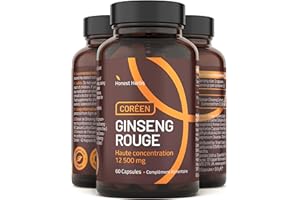 HONEST HERBS Ginseng Rouge de Corée Panax - Extra Fort 12 500 mg - 60 Gélules - Extrait de Racine de Ginseng avec 20% de Ginsénosides - Vegan