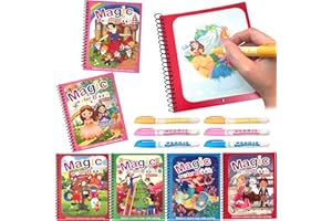 ROSELEE Libro Magico Agua 6 Piezas Libro de Dibujo de Agua Mágica Reutilizable Libro Pintar Agua Niños con 6 Magico Pluma Libro para Colorear de Agua para Niños Niñas 3 4 5 6 Años Regalo